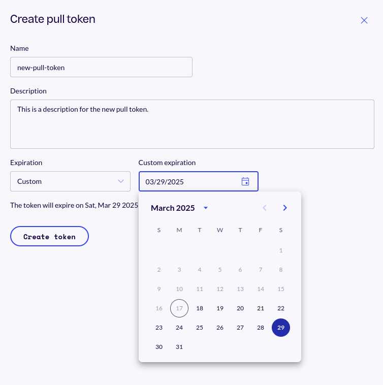 Screenshot showing the Create pull token pane. This example shows all the fields filled in: the Name is &ldquo;new-pull-token&rdquo;, the Description reads &ldquo;This is a description for the new pull token.&rdquo;, with a custom expiration date and the selection calendar showing March 2025.