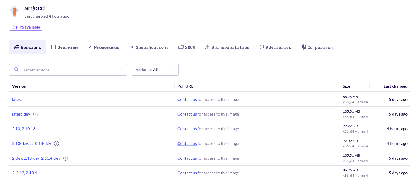 Screenshot of the Container Details page for the argocd image, showing the &ldquo;Versions&rdquo; tab.